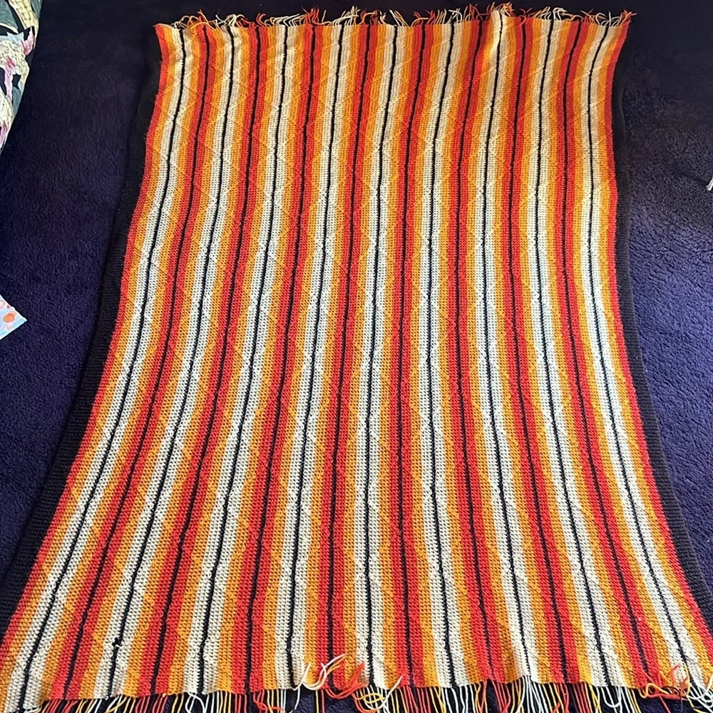 Vintage Afghan blanket  orange brown yellow fringed - Picture 2 of 9